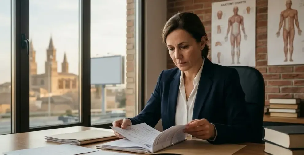 ista detallada de una traumatóloga independiente analizando radiografías de fracturas óseas comunes en accidentes de tráfico