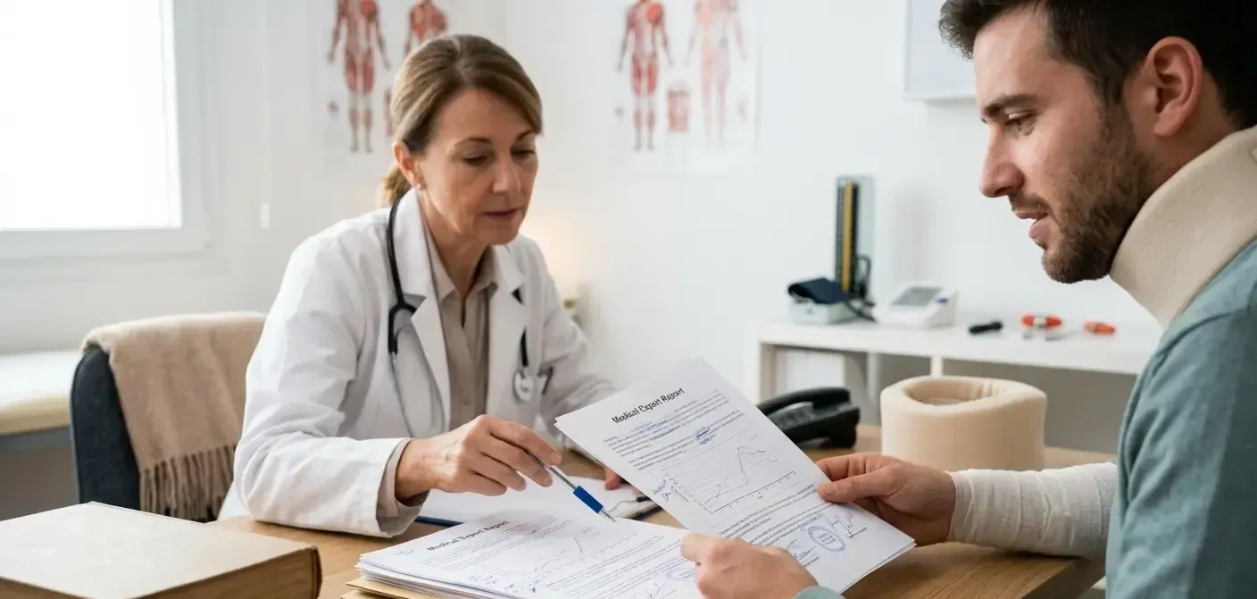 Vista detallada de un informe médico pericial independiente para una reclamación de accidente de tráfico en Ejea de los Caballeros