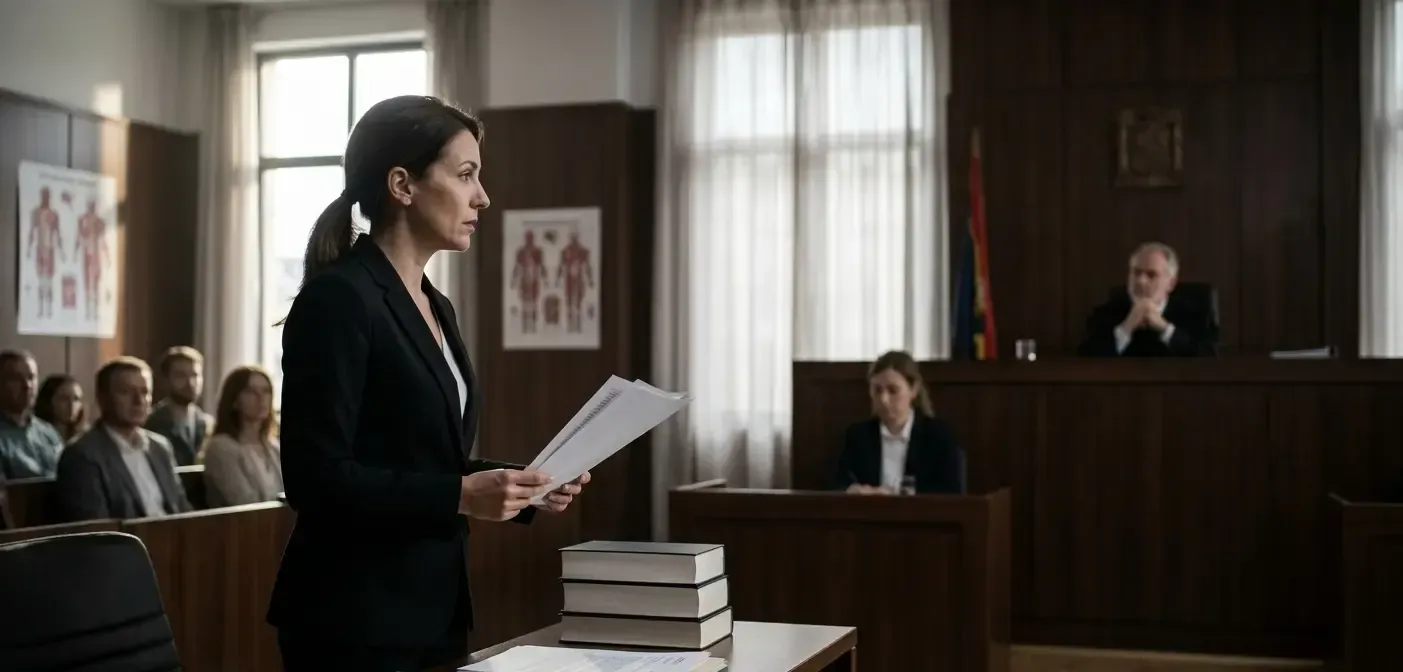 Vista de la abogada independiente en el estrado durante un juicio por accidente de tráfico en el Juzgado de Ejea de los Caballeros