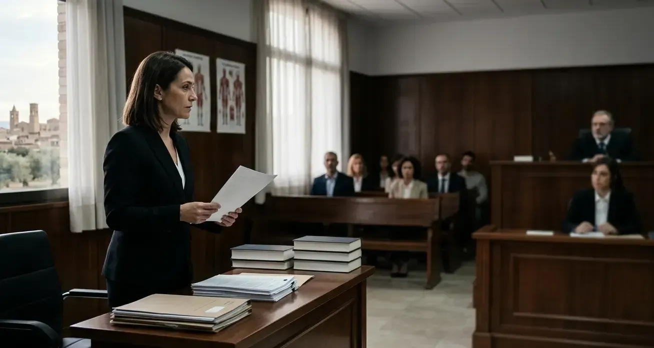 Vista de la abogada independiente en el estrado durante un juicio por accidente de tráfico en el Juzgado de Caspe