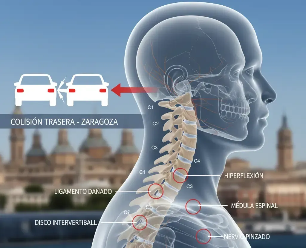 Diagrama de lesión de latigazo cervical por colisión trasera en accidente de tráfico.