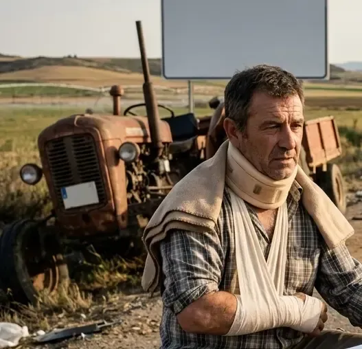 Vista de un agricultor local en un campo de regadío de Ejea de los Caballeros visualizando el lucro cesante tras un accidente de tráfico