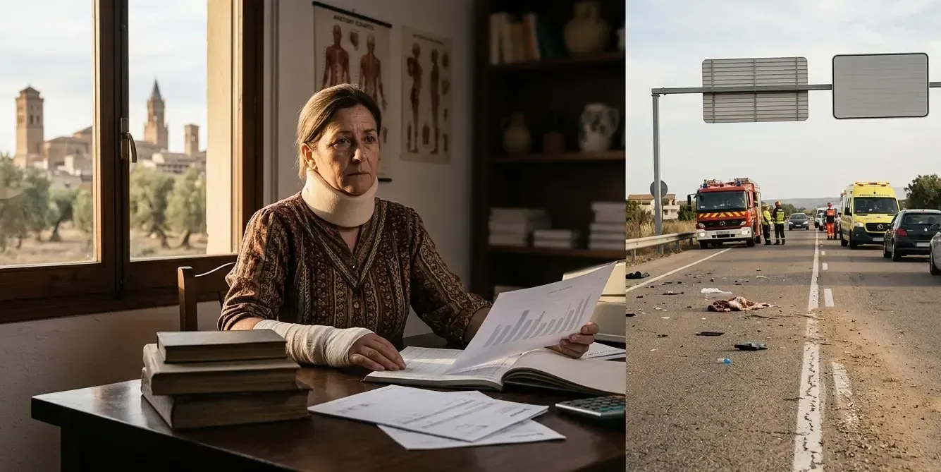 Vista de un comerciante local en su tienda del centro de Caspe visualizando el lucro cesante y la pérdida de ingresos tras un accidente de tráfico