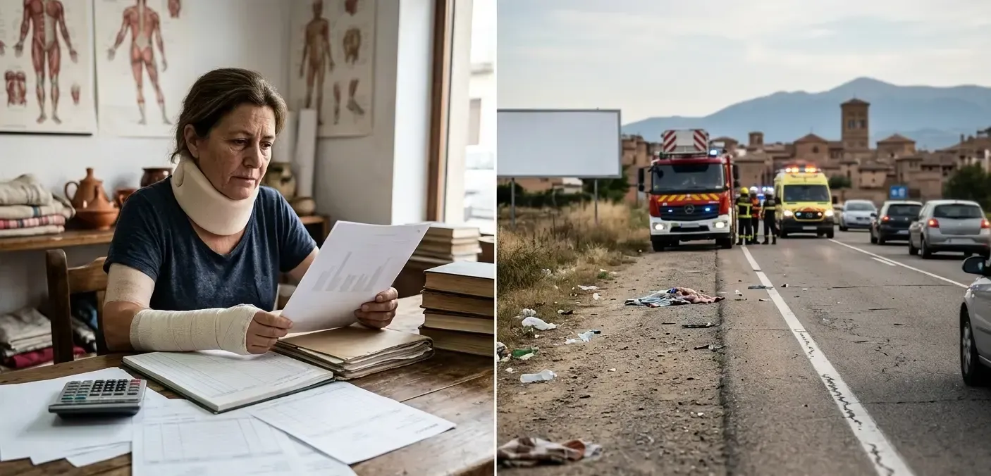 Vista de una comerciante local en su tienda de Tarazona visualizando el lucro cesante tras un accidente de tráfico