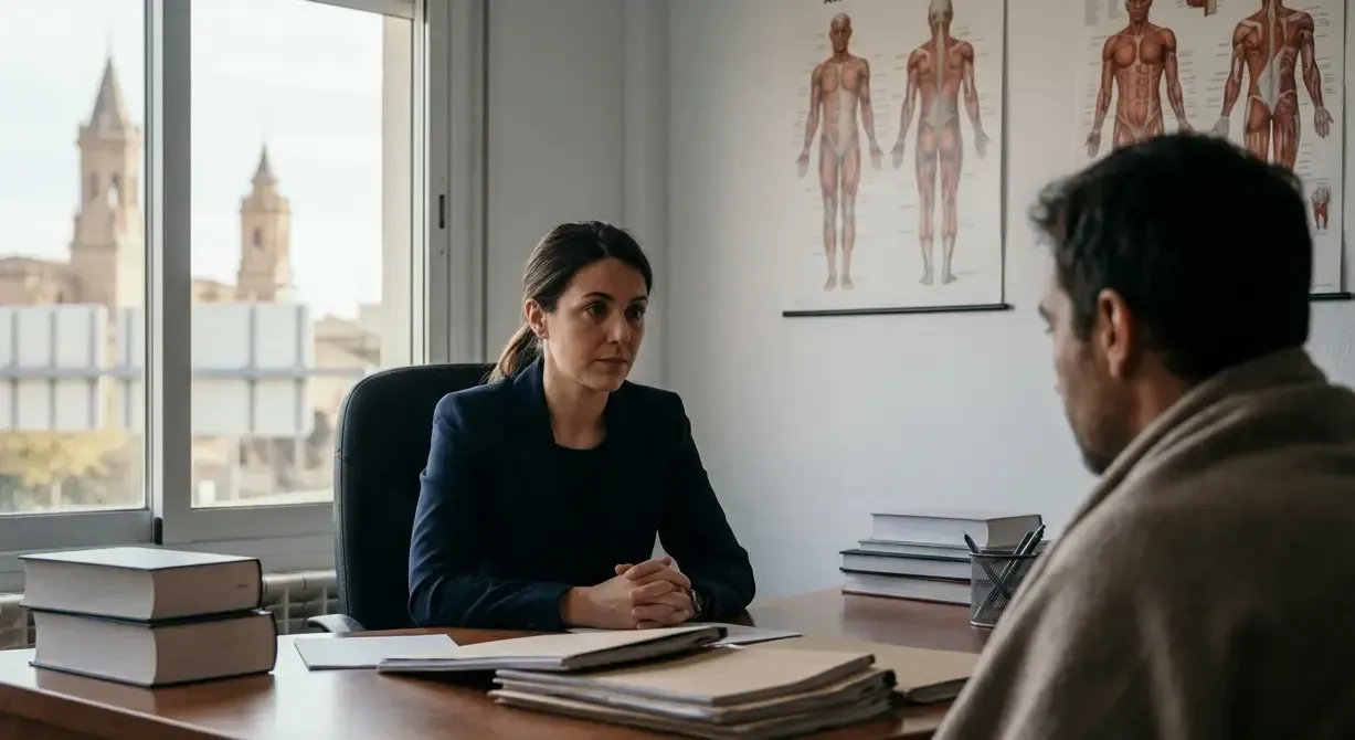 Una abogada especialista analizando documentos contables y facturas para calcular el lucro cesante de un autónomo accidentado en Zaragoza.