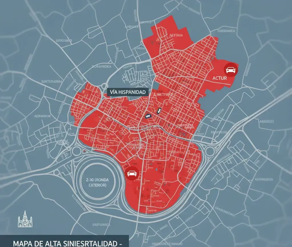 Mapa de zonas de alta siniestralidad en Zaragoza: Vía Hispanidad, Z-30 y Actur.