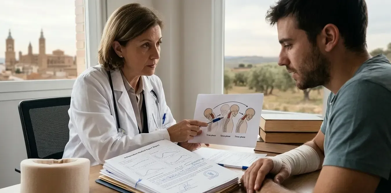 Vista detallada de una abogada independiente revisando un informe médico pericial sobre el mecanismo del latigazo cervical para una reclamación en Tarazona