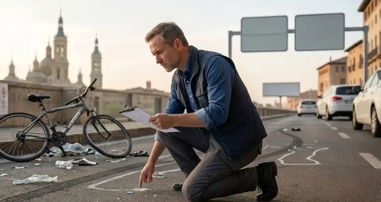 Un perito judicial independiente analizando las marcas de frenada y el estado del pavimento en un carril bici de Zaragoza tras un accidente de ciclista.