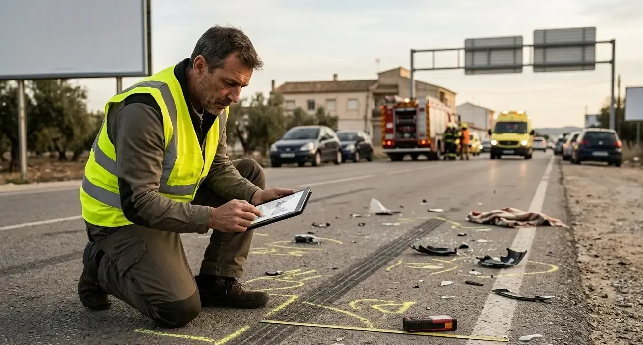Vista de un perito reconstructor independiente analizando las marcas de frenada y el punto de impacto de un atropello a peatón