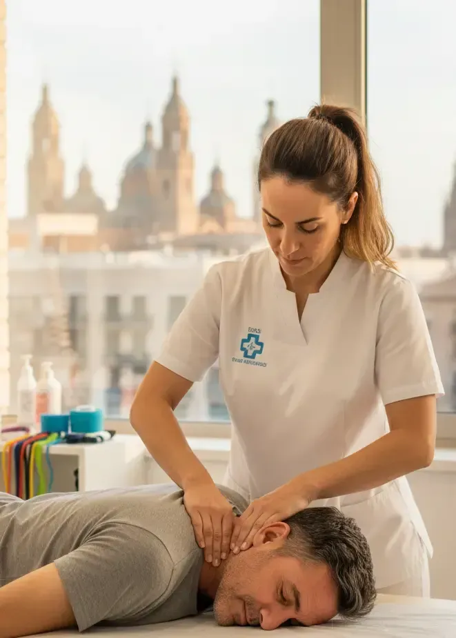Sesión de fisioterapia en clínica de Zaragoza para tratamiento de esguince cervical tras accidente.