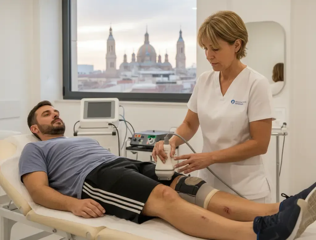Sesión de fisioterapia avanzada para motorista con lesión de rodilla en clínica de Zaragoza.
