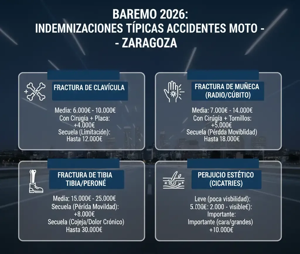 Infografía de cálculos de indemnización por fracturas en accidente de moto según Baremo 2026.