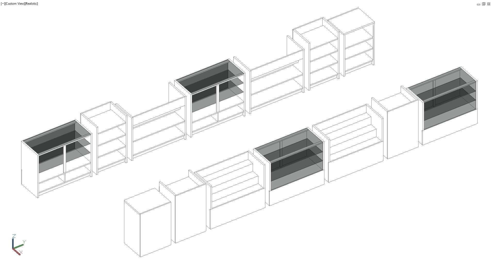 Un dibujo en blanco y negro de una fila de estantes.