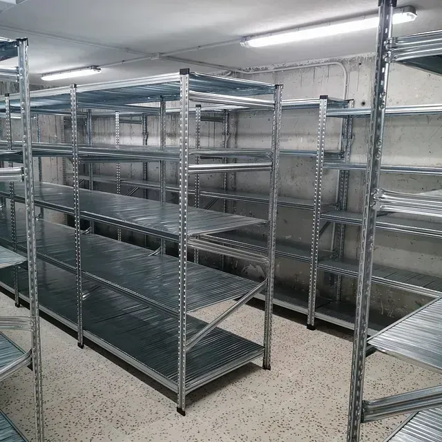 Una habitación llena de muchos estantes de metal