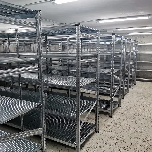Un almacén lleno de muchos estantes de metal.