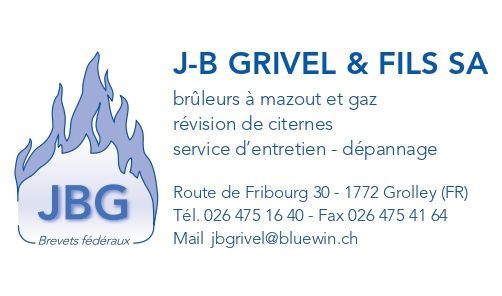 Logo de JB Grivel & Fils SA avec flamme bleue et coordonnées pour les services de chauffage, de ramonage et d'entretien.