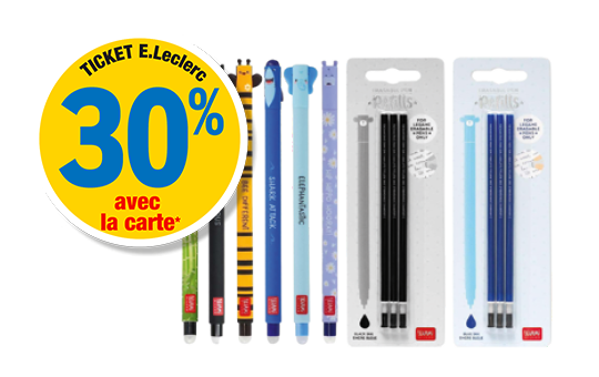 30 % en ticket E.Leclerc avec la carte. Présentation de plusieurs stylos et recharges de la marque Legami.