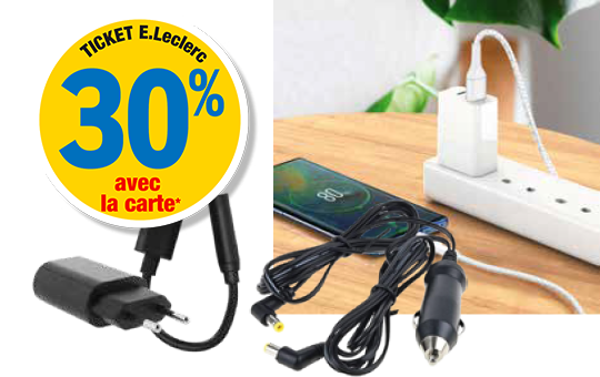 30 % en ticket E.Leclerc avec la carte. Présentation de plusieurs chargeurs de téléphones.