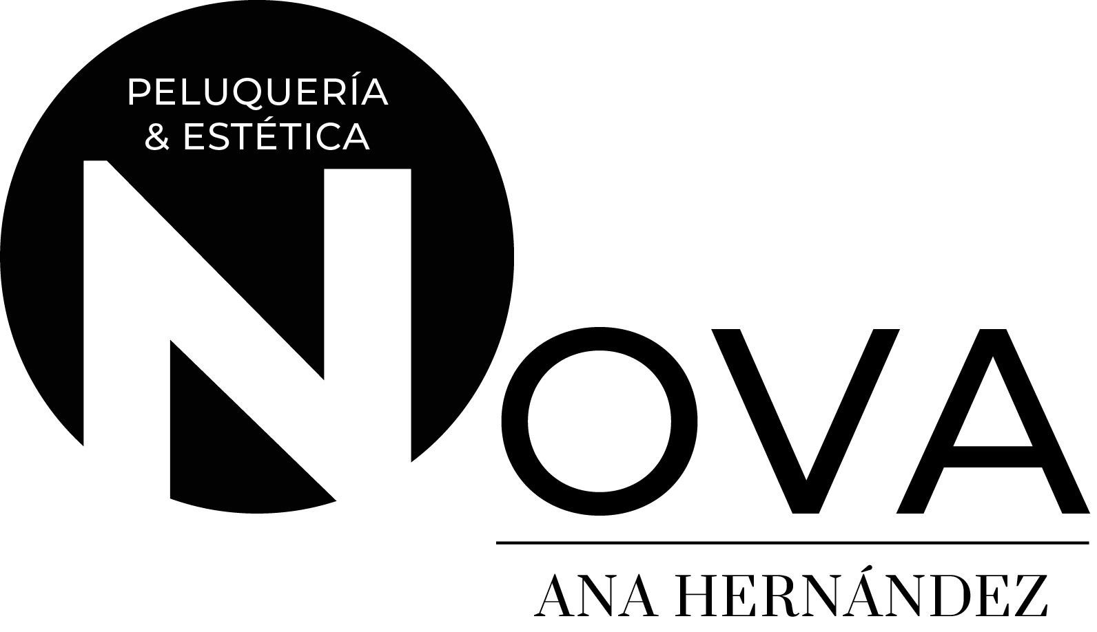 Un logotipo en blanco y negro para una peluquería llamada Nova Ana Hernandez.