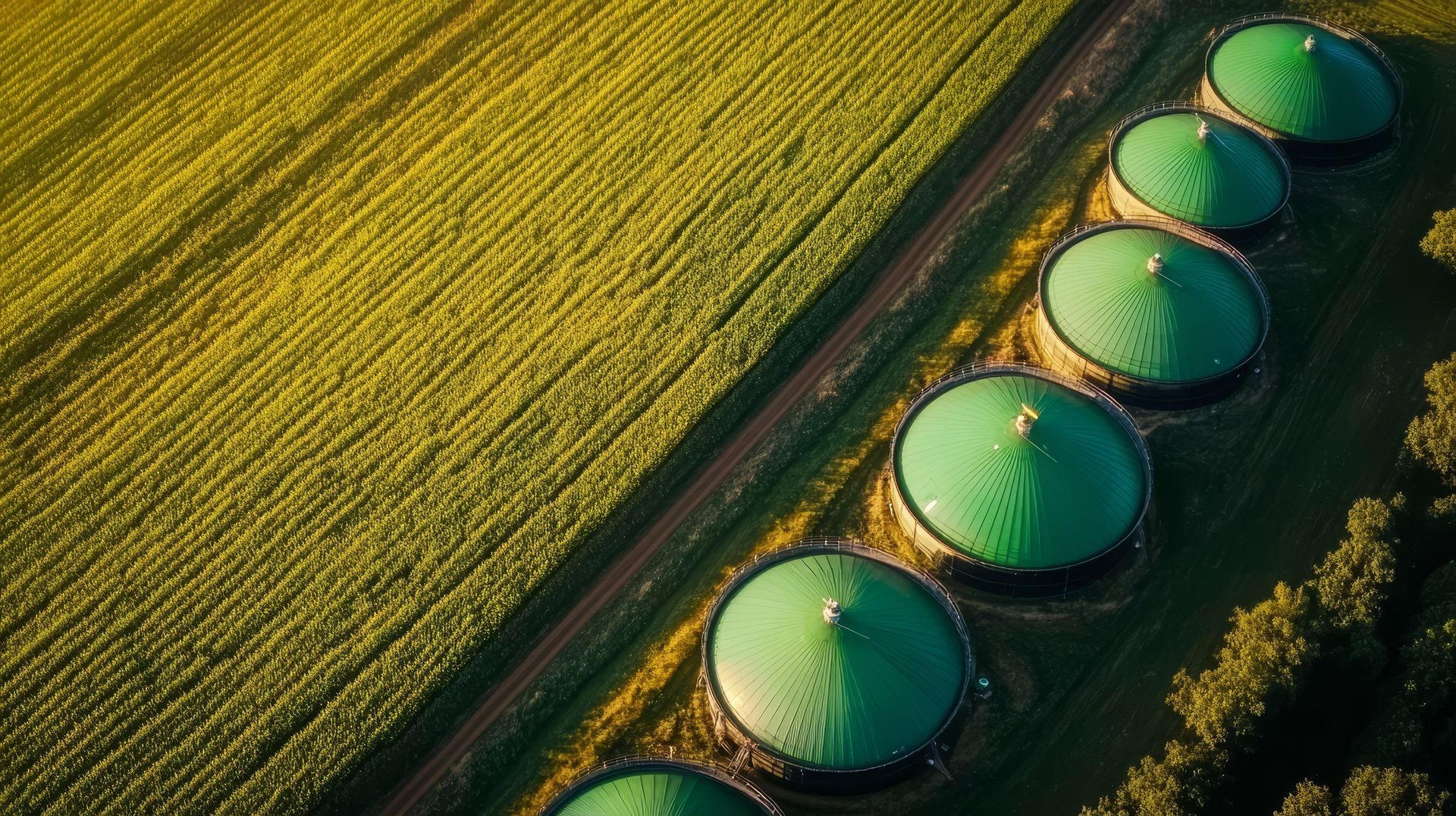 Tanques de biogás verdes en fila al lado de un campo de plantas amarillas y un camino de tierra.