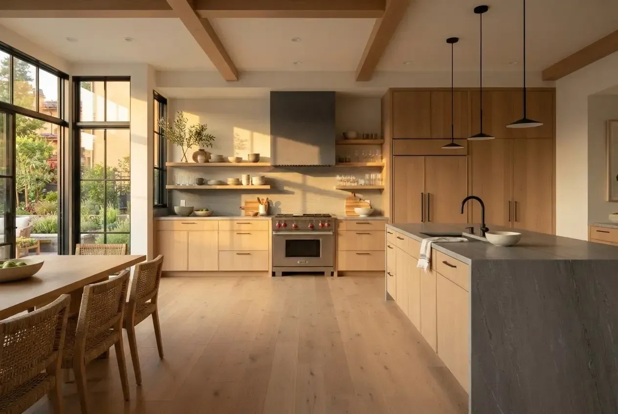 Cocina moderna de planta abierta con armarios de madera, fregadero tipo isla, vitrocerámica