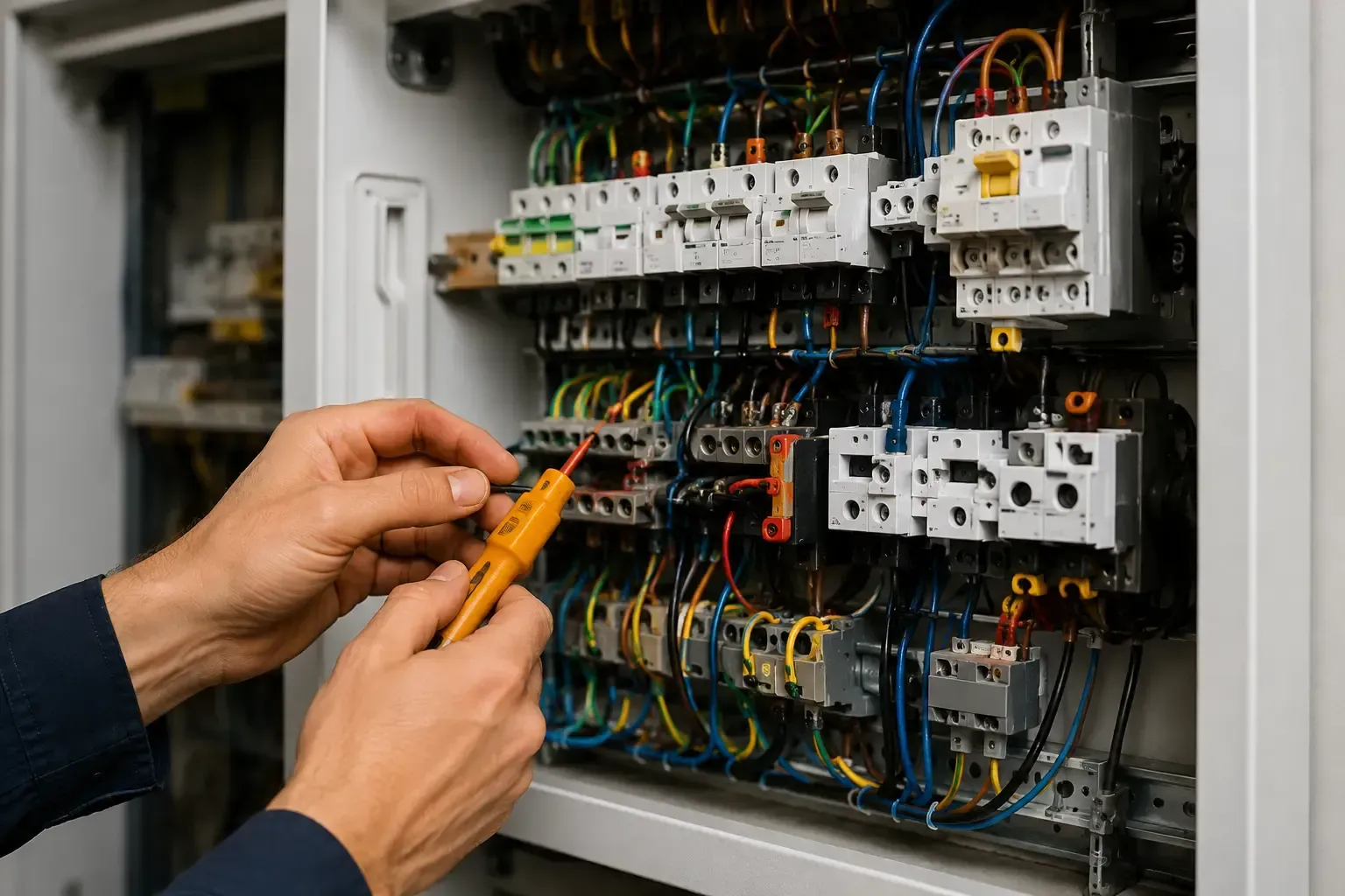 Manos utilizando un destornillador dentro de un panel eléctrico abierto con cables y disyuntores.