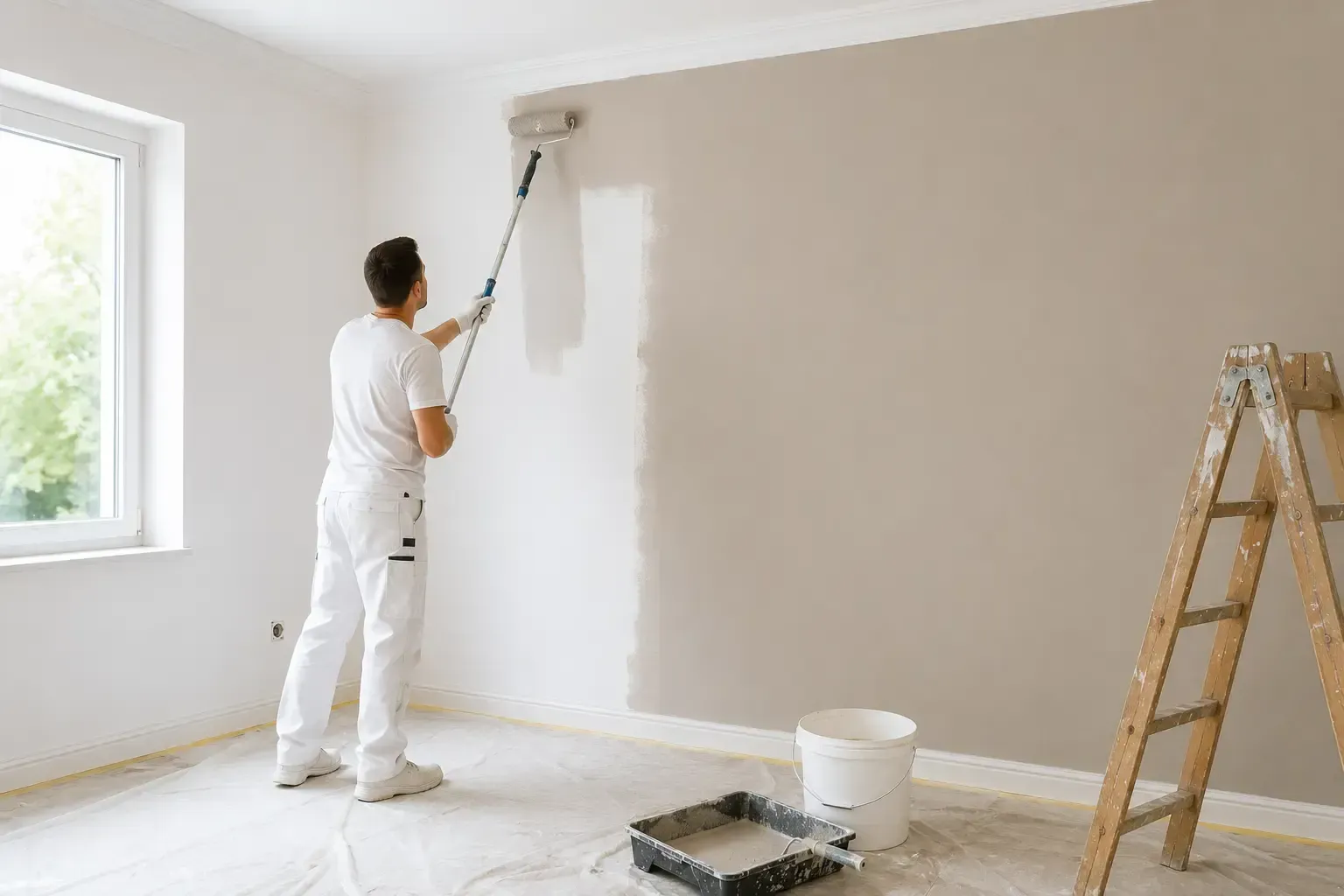 Persona pintando una pared beige en una habitación luminosa con una escalera y un cubo de pintura.