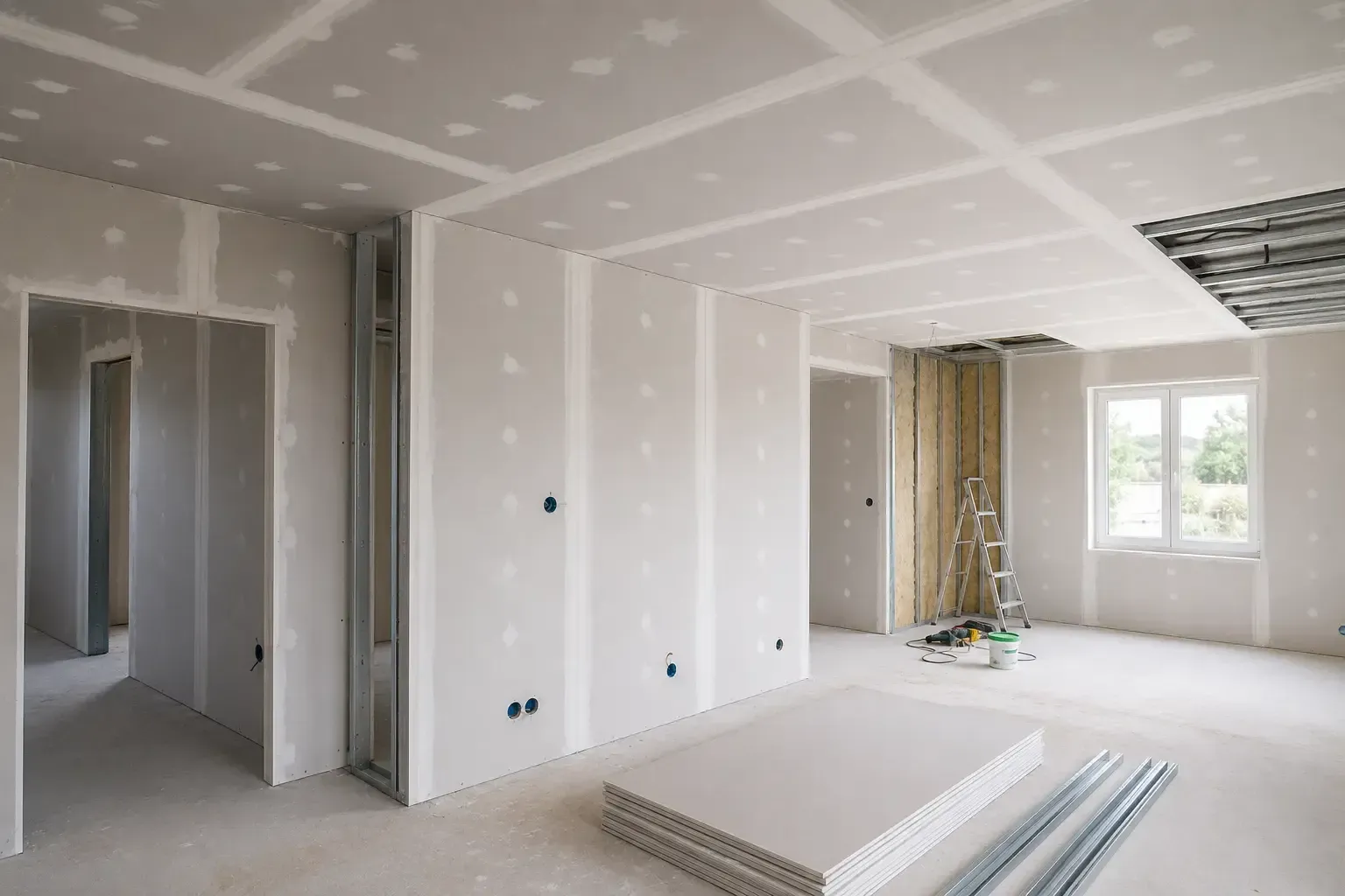 Interior con paredes de pladur blanco sin terminar, con puertas y ventanas abiertas y materiales de construcción en el suelo.
