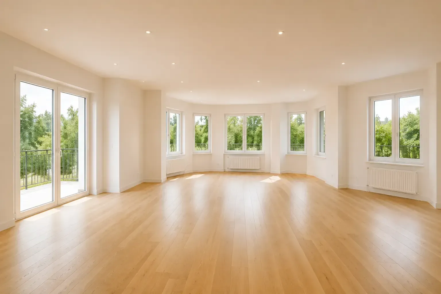 Sala de estar luminosa y vacía con suelos de madera clara, paredes blancas y grandes ventanales con vistas a zonas verdes.