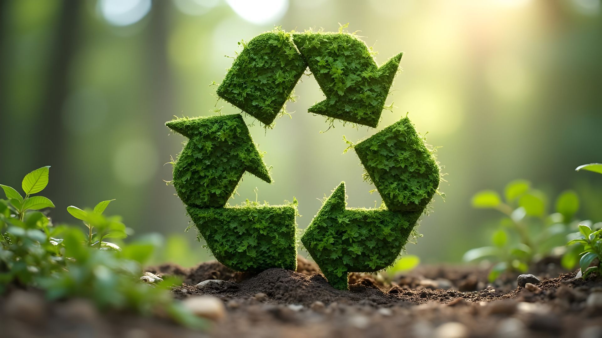 Symbole du recyclage avec trois flèches en herbe.