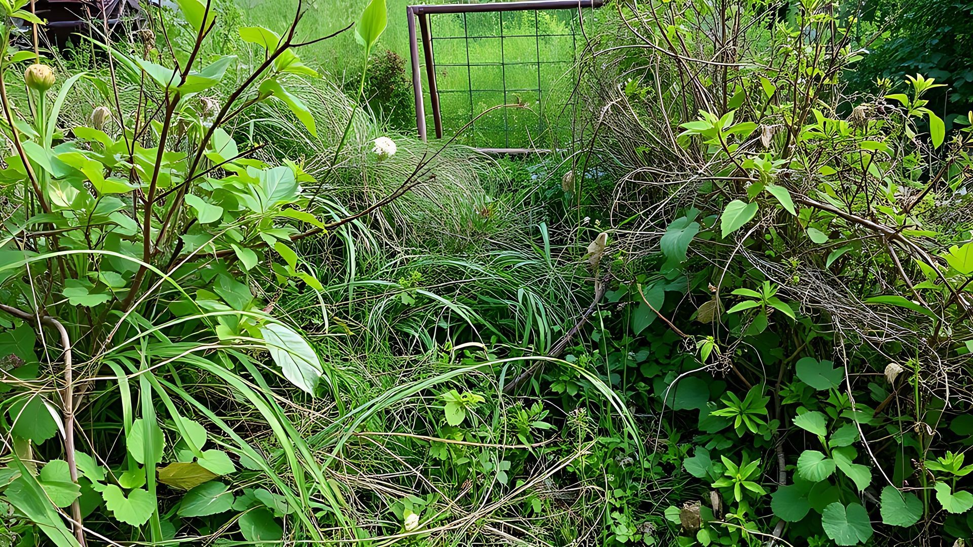 Jardin et portillon envahis par les hautes herbes.