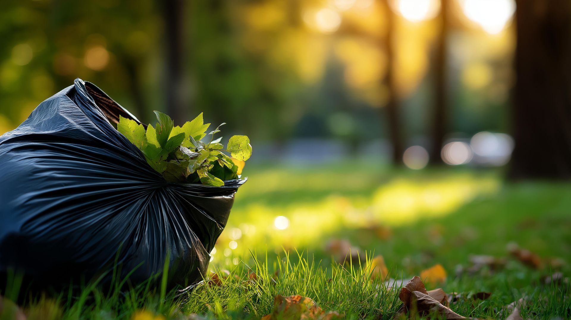 Sac poubelle rempli de feuilles mortes.
