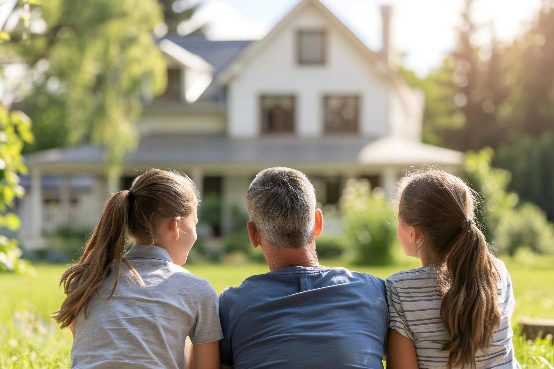 Un père et ses familles de dos face à une maison.