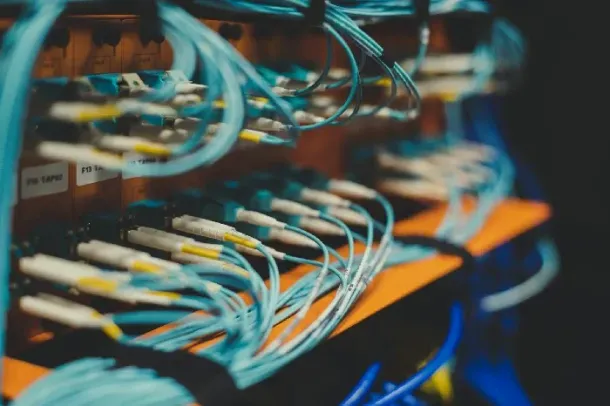 Vista de primer plano de un rack de servidores lleno de numerosos cables de fibra óptica azules y blancos conectados a varios puertos.