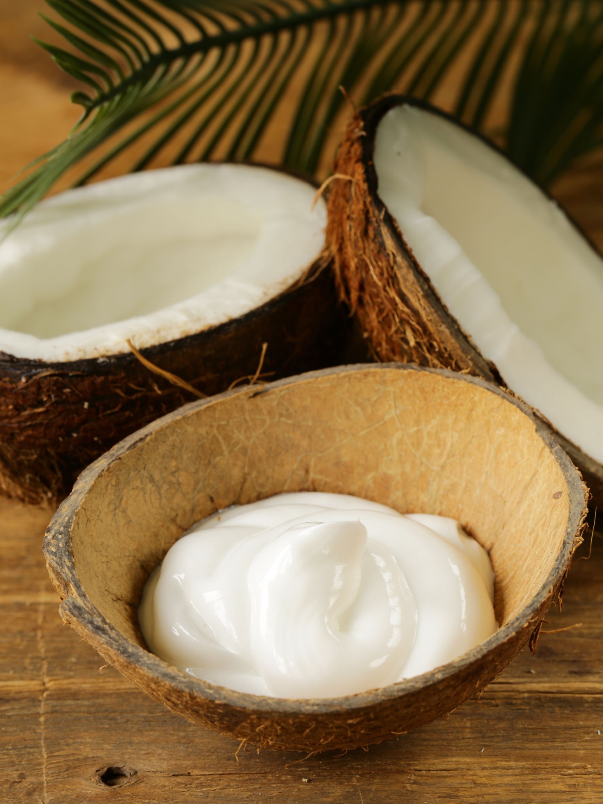 Deux noix de coco et un bol de crème de coco sur une table en bois