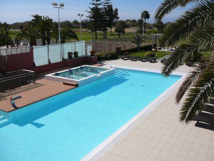 Una vista aérea de una gran piscina rodeada de palmeras.