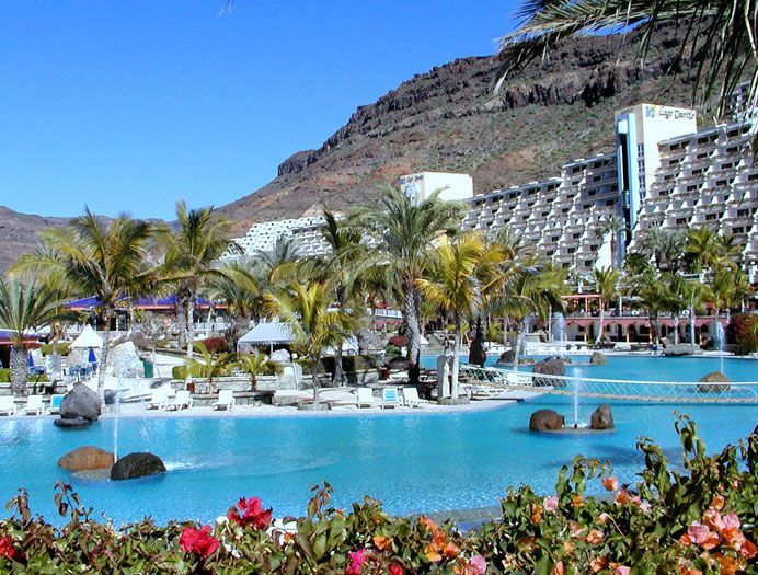 Una gran piscina rodeada de palmeras y flores.