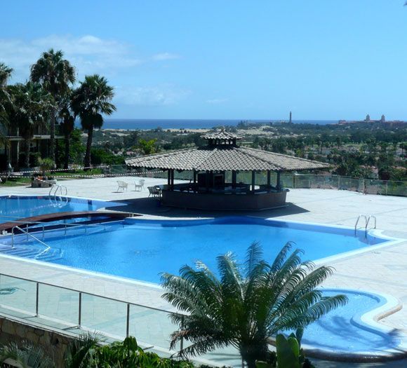 Una gran piscina con un cenador en el medio.