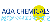 El logotipo de AQA Chemicals es azul y amarillo con un sol en el fondo.