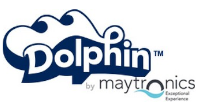 Un logotipo azul y blanco para Dolphin de Maytronics