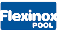 El logotipo de Flexinox Pool es azul y blanco.