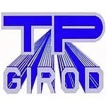 Logo bleu et blanc pour « TP GIROD » avec des lignes stylisées et convergentes