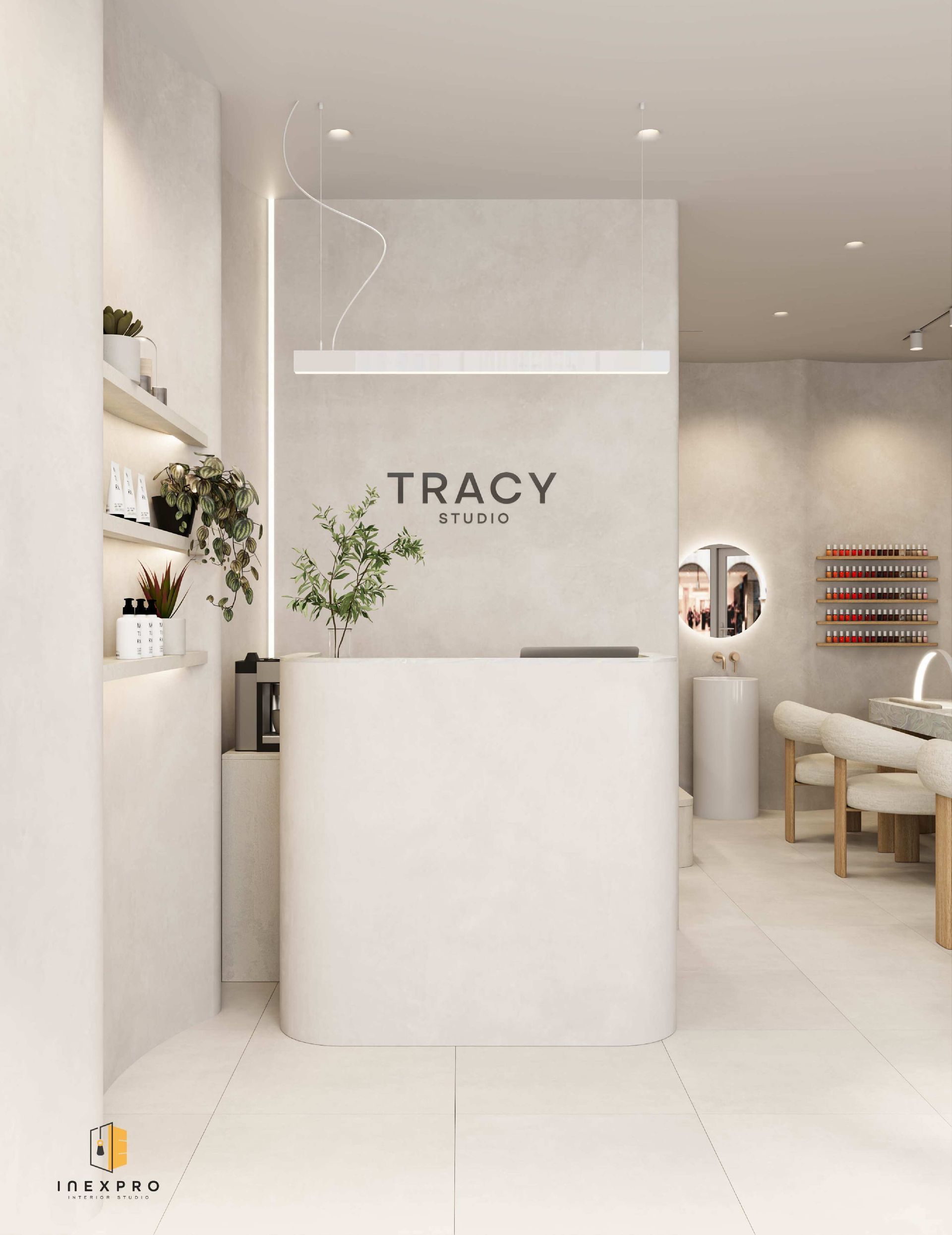 Empfangsbereich eines Nagelstudios mit weissem, geschwungenem Schreibtisch, Pflanzen und einem „TRACY“-Schild. Neutrale Farbtöne.