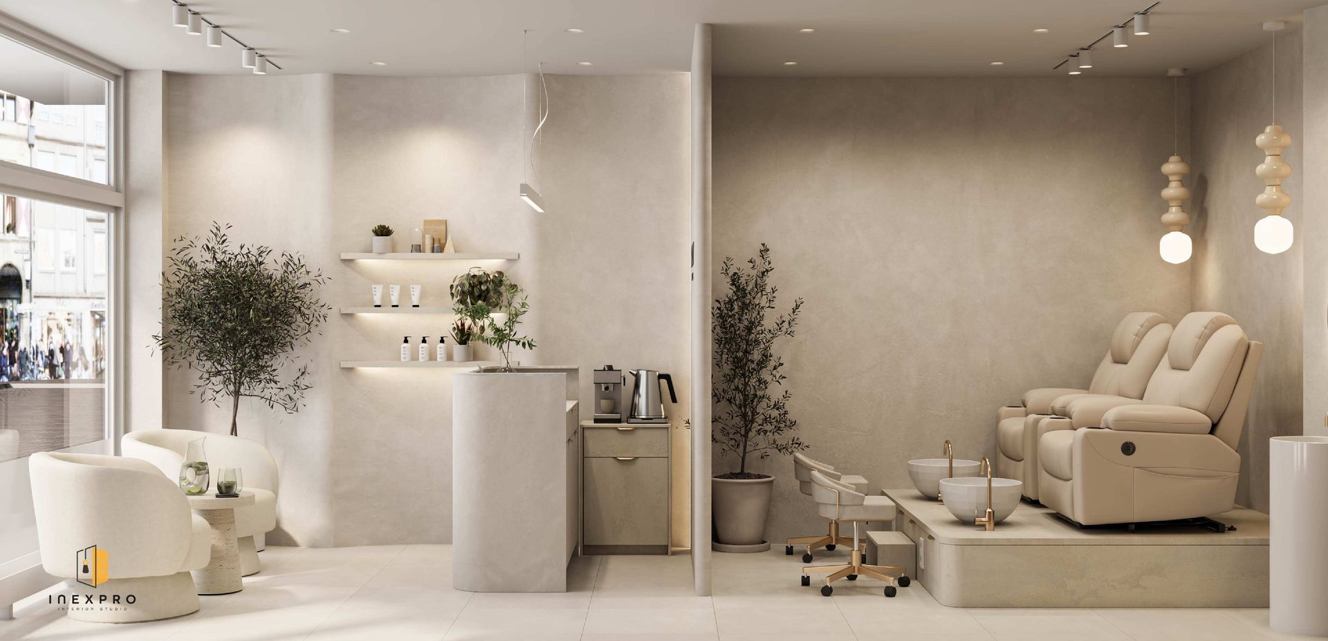 Interieur eines modernen Spas mit cremefarbenen Pedikürestühlen, Wartebereich mit Stühlen und neutralen Farbtönen.