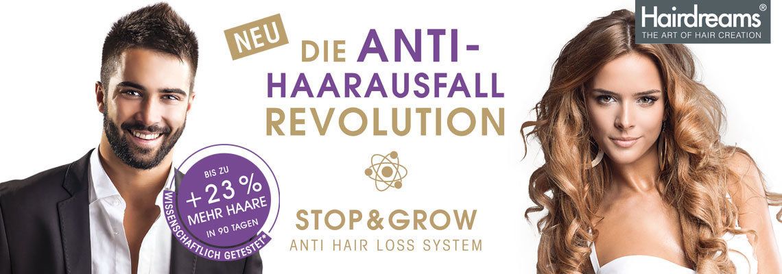 Werbebanner für ein Produkt gegen Haarausfall mit einem Mann und einer Frau mit gesundem Haar. Text: „Revolution gegen Haarausfall“.