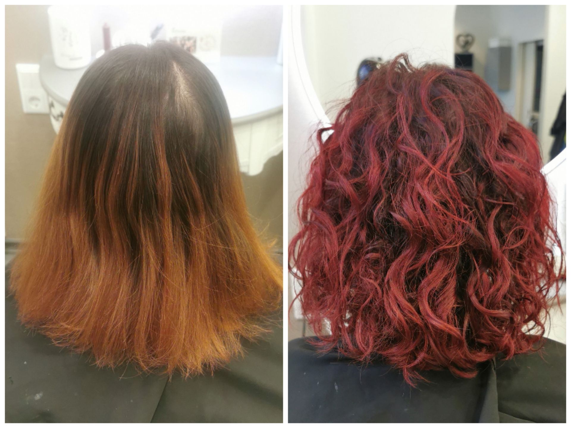 Vorher und nachher beim Haarefärben. Zeigt die Verwandlung von einem verblassten Orange zu leuchtend rotem, lockigem Haar.