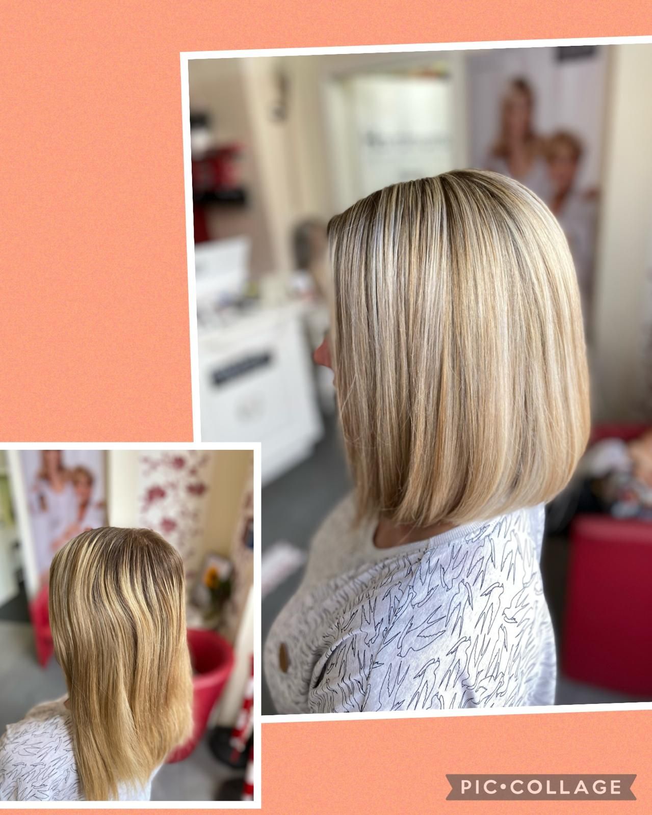 Haarverwandlung: blonder Bob, Vorher-Nachher-Vergleich.