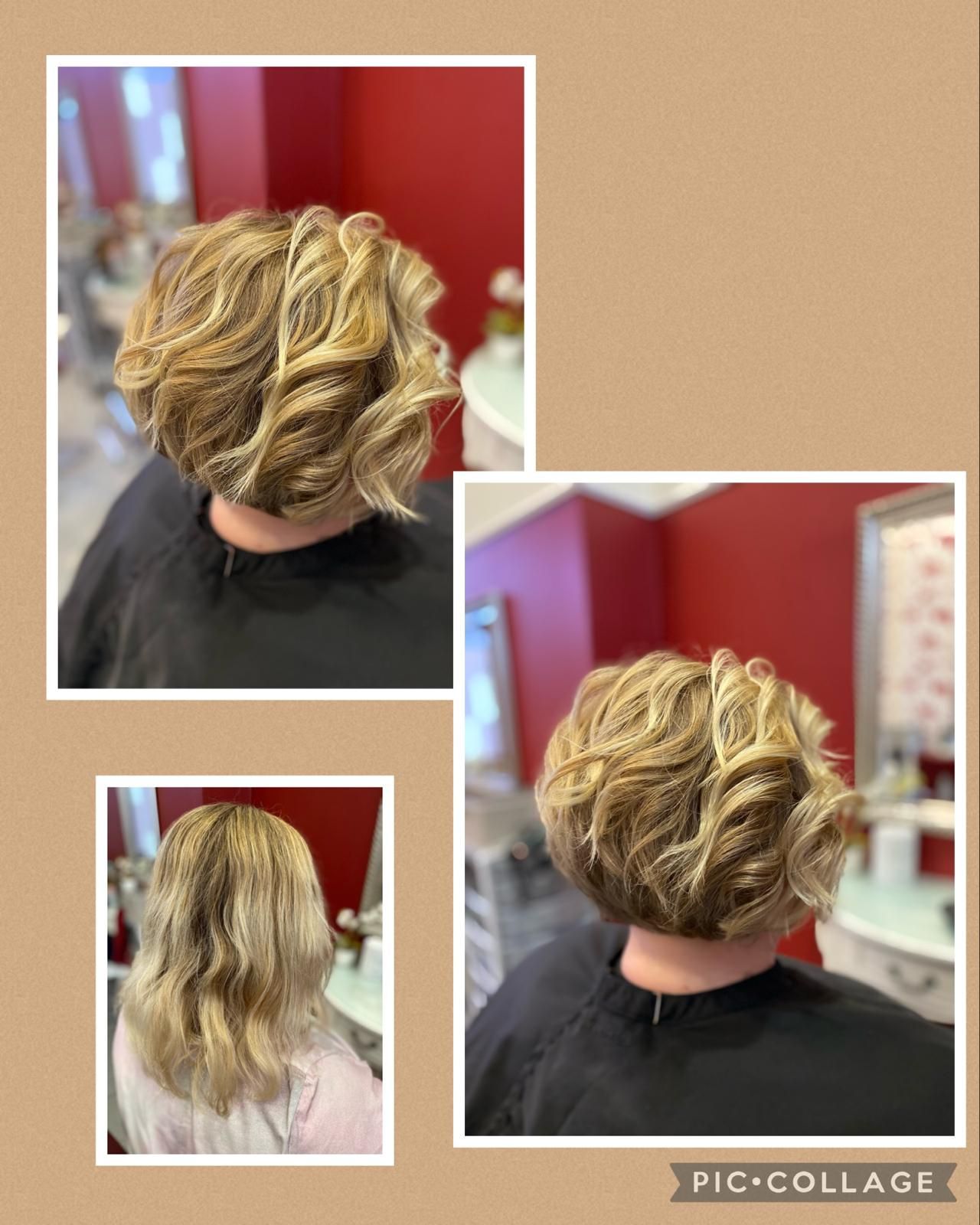 Collage mit blonden, lockigen Haaren vor und nach einem Friseurbesuch.