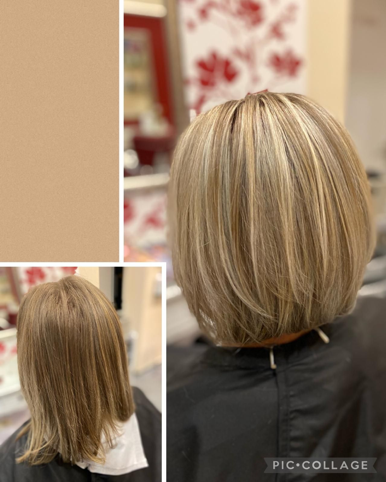 Vorher und nachher: ​​Bob-Haarschnitt mit blonden Strähnchen.