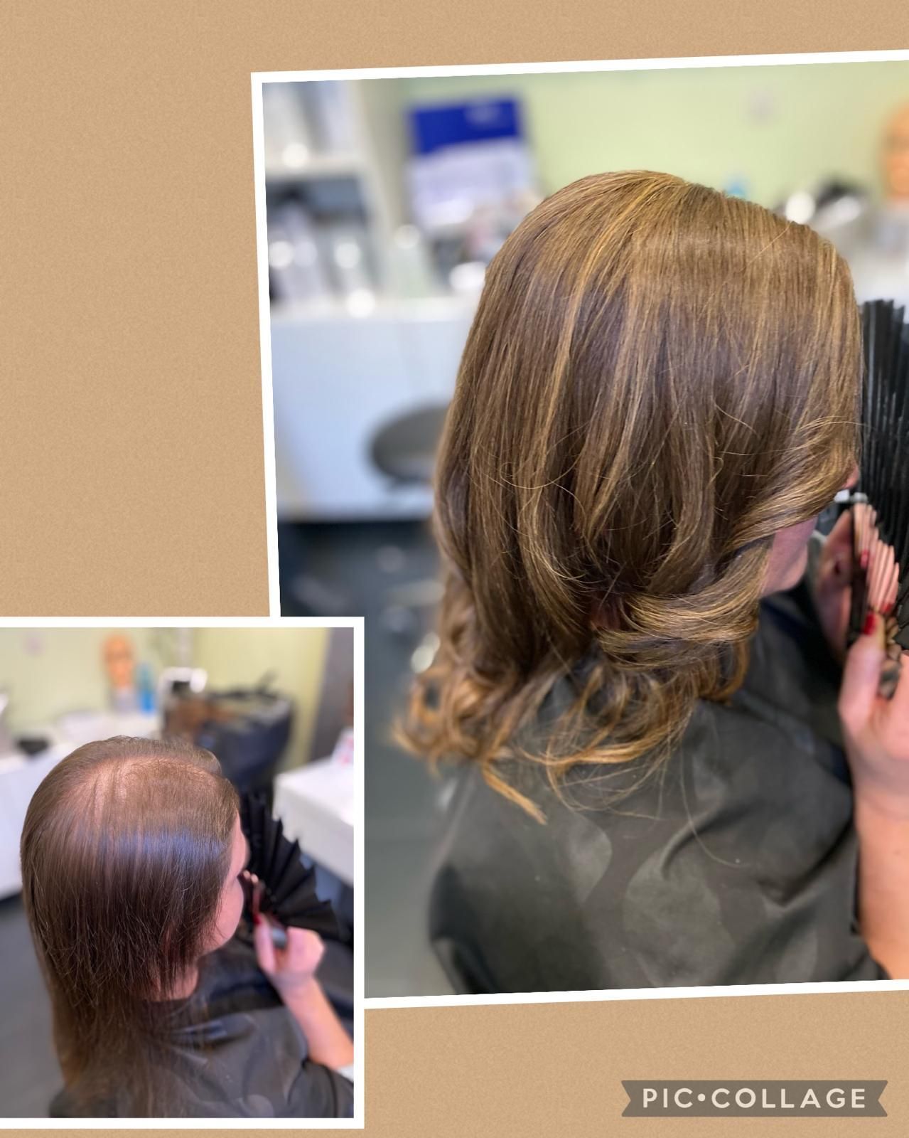 Strähnchen, gestylt, vom Friseur. Seitenansicht vorher und nachher. Braun und blond.